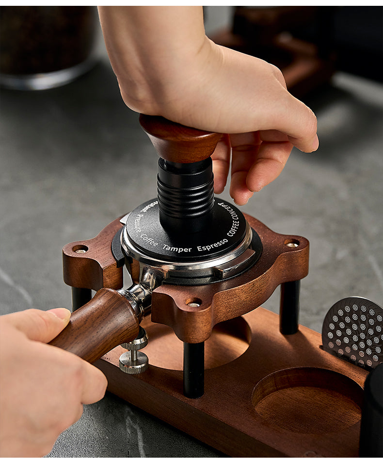 Walnut storage organizer for espresso tools close-up