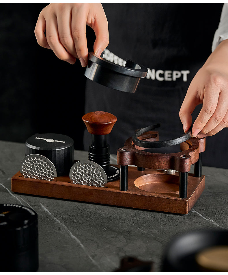 Coffee tamper organizer holding distributor and tamper
