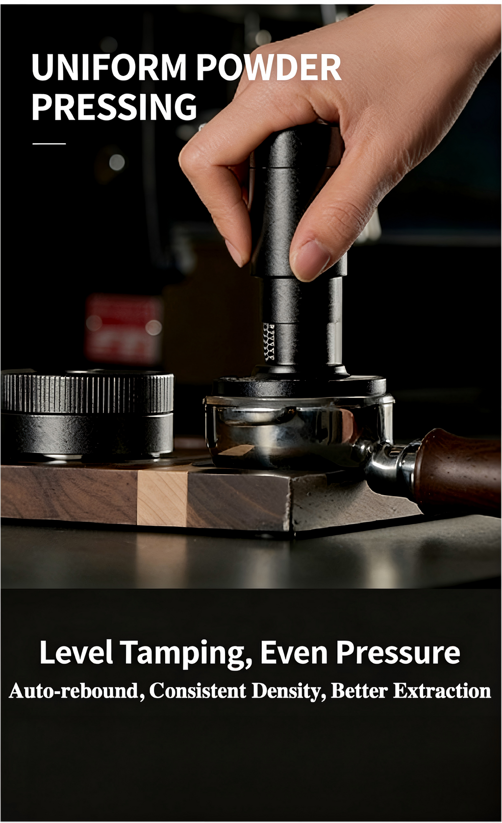 Constant force tamper in use on espresso machine