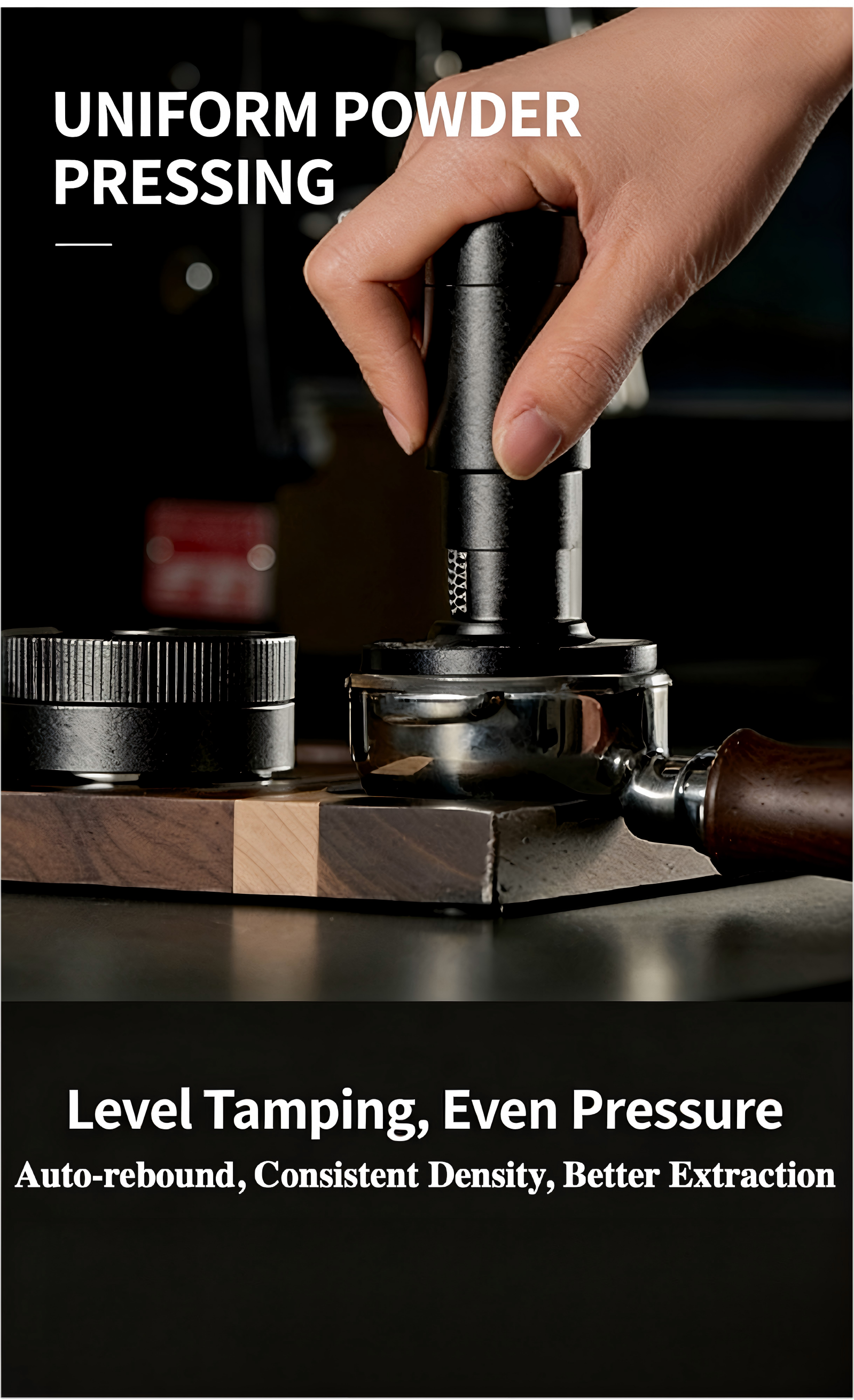 Constant force tamper in use on espresso machine