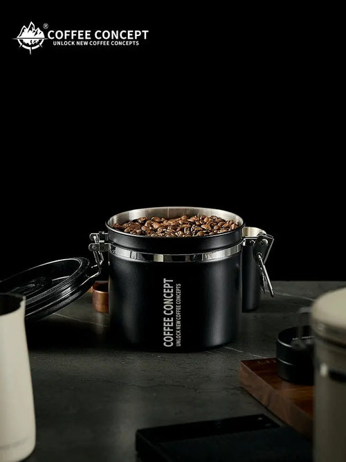 Airtight stainless steel coffee bean storage canister with one-way CO2 valve, vacuum sealed coffee container